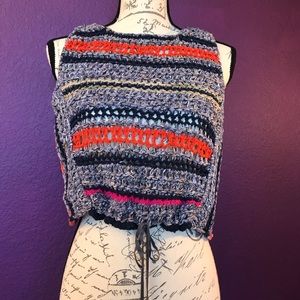 Free People, Boho Crochet Crop Top, Striped sleeveless knit tank Sweater Vest XS